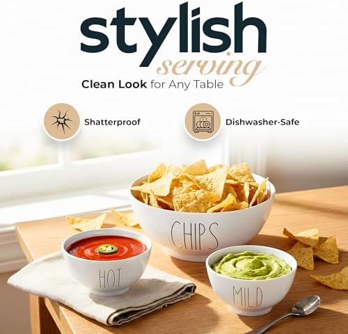 Farmhouse Chips and Salsa Bowl Set (Hot and Mild), White, Shatterproof