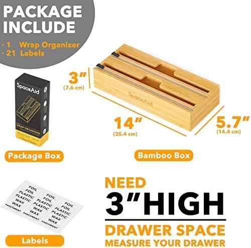 SpaceAid WrapNeat 2 in 1 Wrap Organizer with Cutter and Labels, Plastic Wrap, Aluminum Foil and Wax Bamboo Dispenser for Kitchen Storage Organization Holder for 12" Roll (Natural)