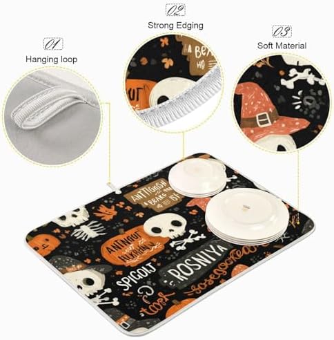 OTVEE Skeleton with Pumpkins Dish Drying Mat for Kitchen Counter