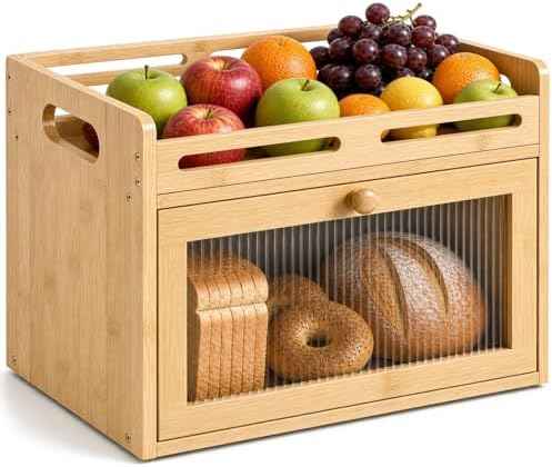 Bread Box for Kitchen Countertop, Bamboo Storage Container with Top Shelf