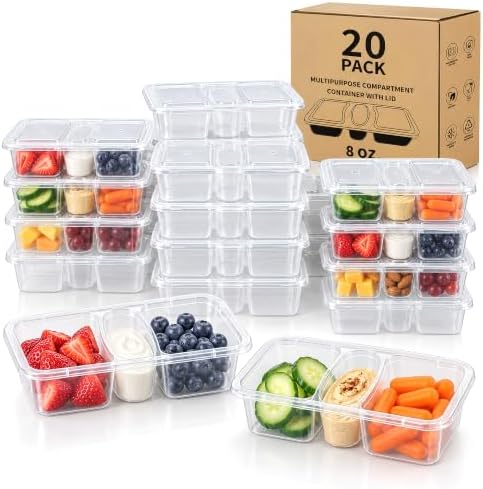 HI-REEKE 8 OZ New 3 Compartment Snack Containers, 20 Sets Bigger