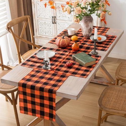AQOTHES Fall Plaid Placemats Set of 4 Orange Black Checked Table Mats
