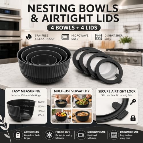 Dora Plastic Mixing Bowls with Lids, 8-Piece Airtight Leak-Proof