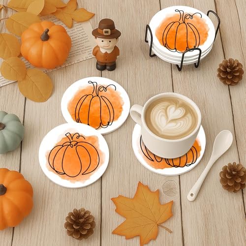 Britimes Coasters for Drinks, Set of 6, Ceramic Stone, Pumpkin Fall