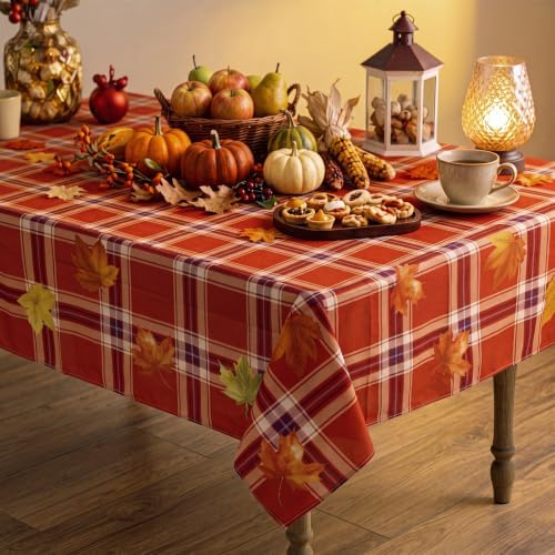 Irenare Fall Tablecloth 60 x 84 Inch, Tartan Plaid Maple Leaves