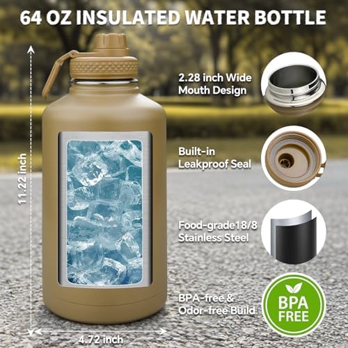 DEFUNX Half Gallon Water Bottle Insulated with Sleeve - Tactical 64 oz