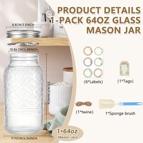 64oz Mason Jars Wide Mouth 1-Pack with 304 Stainless Steel Airtight