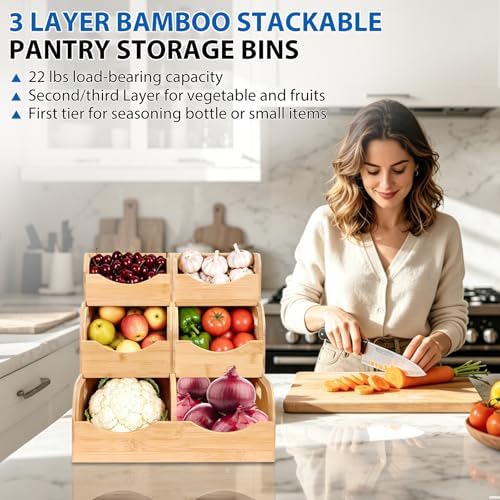 5 Pack Bamboo Stackable Storage Bins, 3-Tier Vertical Stacking