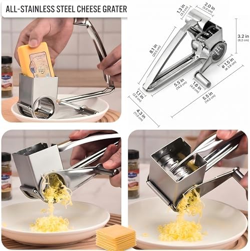 Rotary Cheese Grater with Handle, Professional Grade Stainless Steel