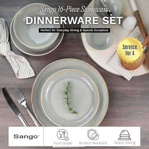 Sango 16-Piece Stoneware Dinnerware Set for 4, Glossy Cream/Green Big