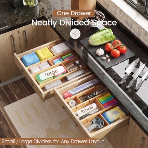 Bamboo Drawer Dividers 8 Pack with Inserts, Kitchen Adjustable Drawer