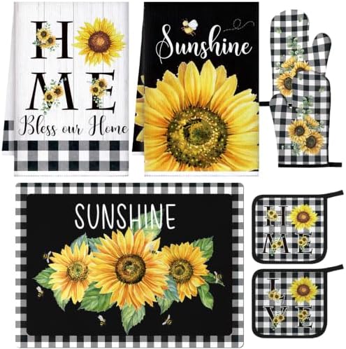 Fourluoo 7 Pcs Summer Sunflower Buffalo Plaid Kitchen Decor and