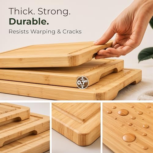 Bamboo Cutting Boards for Kitchen Set of 3, Deep Juice Grooves &
