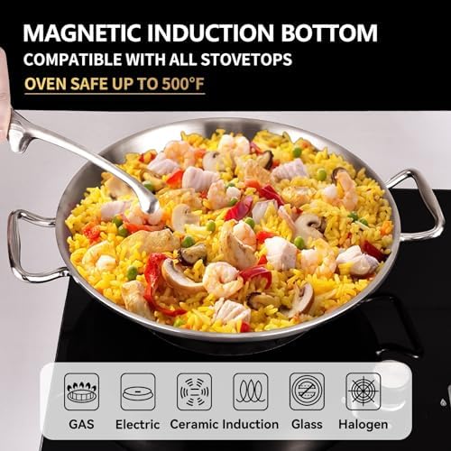 12-Inch Tri-Ply Stainless Steel Paella Pan with Lid | Induction