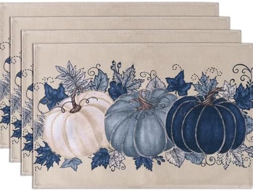 Fall Thanksgiving Placemats Set of 4 Blue Vintage Pumpkin Decorative