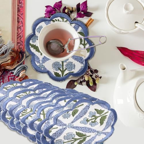 Ridhi 8-Pcs 100% Cotton Hand Block Print Drink Coasters 5 Inch Steel