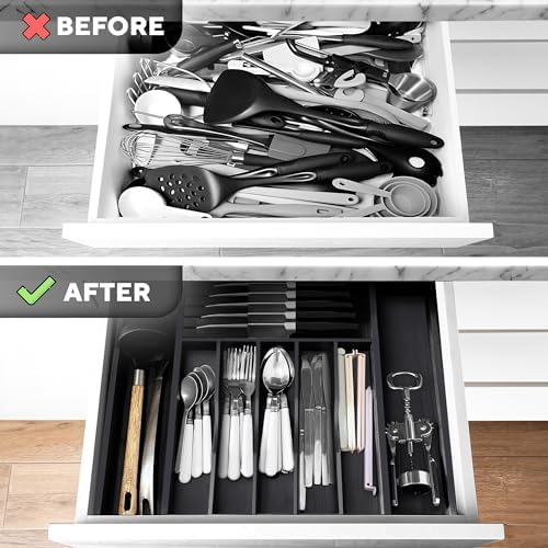 Expandable Bamboo Kitchen Drawer Organizer, 8 Compartments