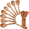 Kitchen 10PCS Teak Wooden Utensils Set With Holder and Spoon Rest