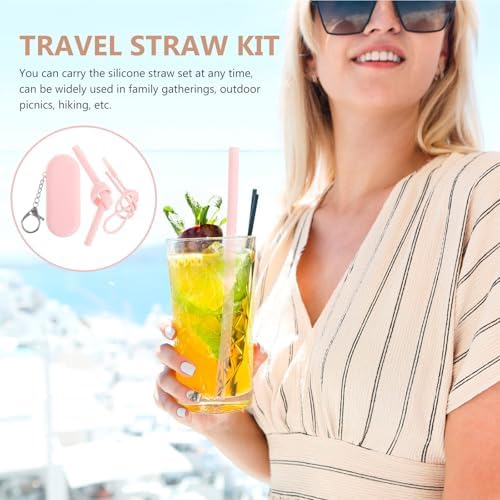 FRCOLOR Reusable Silicone Travel Straw Set with Case, Cleaning Brush