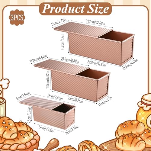 3Pcs Pullman Loaf Pan with Lid, Non-Stick, 2.2LB 1LB 0.5LB