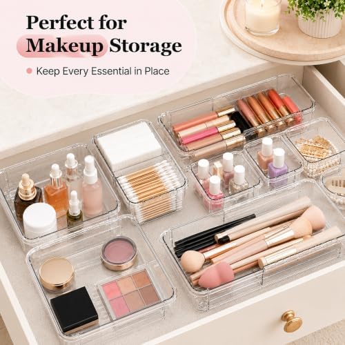 Adjustable Clear Drawer Storage Organizer, 16 Pack 3 Sizes Expandable Plastic Storage Boxes for Kitchen, Bathroom, Vanity, Office, Makeup, Desk and Closet Organization