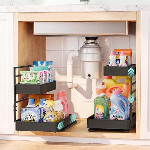 EVERIE Height Adjustable 2 Tier Metal Pull Out Slide Shelf Organizer for Under Sink Cabinets in Kitchen, Bathroom, with Snap-on Top Tray, 16" Deep (Black, 2 Sets)
