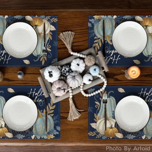 Artoid Mode Blue Hello Pumpkin Fall Placemats Set of 4-12 x 18 Inch