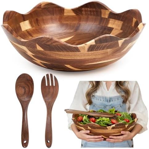 Geiserailie 15 Inches Scalloped Acacia Wood Salad Bowl Set, Serving
