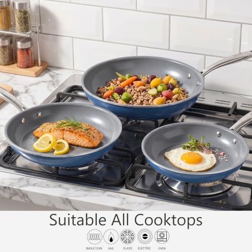 3-Piece Blue Ceramic Nonstick Frying Pan Set, Induction Cookware