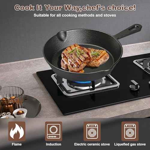 Pre-Seasoned Cast Iron skillets,4 Piece Durable Pots and Pans Set with Handle Covers for Grill, BBQ, Camping Fire, Stovetop, Kitchen and Camping Cookware