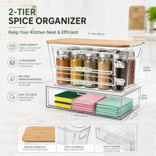 FOCHIER F 4 Pack Pantry Organizer with Bamboo Lid and Pull-Out Drawer