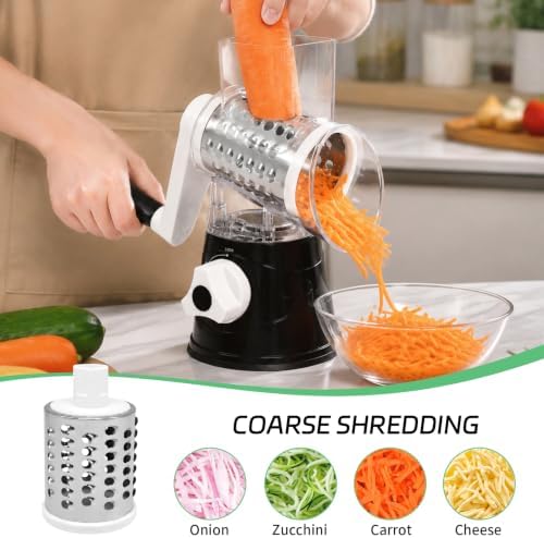 Rotary Cheese Grater, Hand Crank, 3 Blades, Black