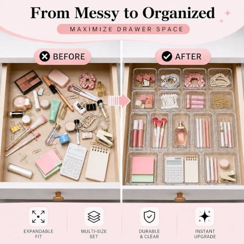 Adjustable Clear Drawer Storage Organizer, 16 Pack 3 Sizes Expandable Plastic Storage Boxes for Kitchen, Bathroom, Vanity, Office, Makeup, Desk and Closet Organization