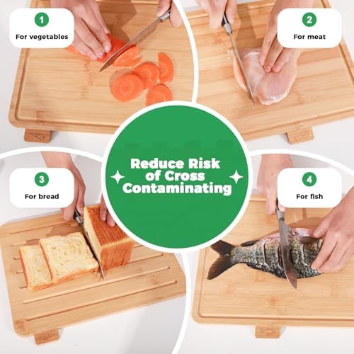 Fanwer Bamboo Cutting Board, Set of 4 with Storage Stand, Chopping