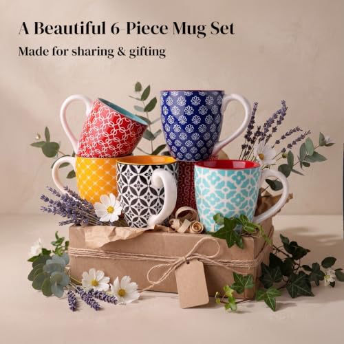 DOWAN 16 OZ Boho-Mosaic Coffee Mugs Set of 6, Large Ceramic Coffee
