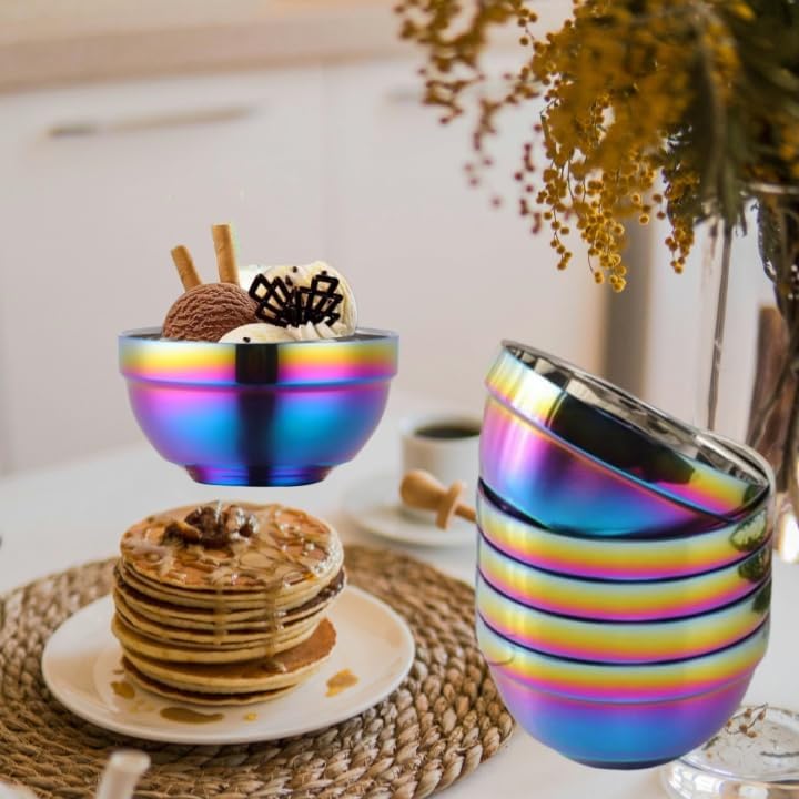 Rainbow Bowl Set of 6 with Lids, Stainless Steel Dinnerware Metal Double-walled Insulated Cereal Bowls for Eating Kitchen, Dishwasher Safe and Unbreakable