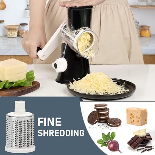 KEOUKE Rotary Cheese Grater, Black, 3 Stainless Steel Blades