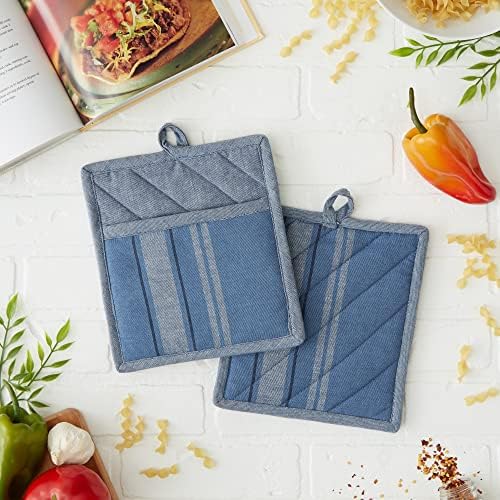 DII French Stripe, Kitchen Collection, Potholders, Chambray Blue
