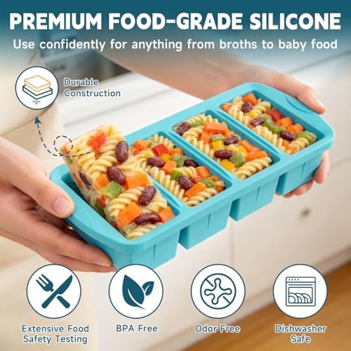 4-Pack Silicone Freezer Trays with Lid & 20 Bags - Multi-Size 1-Cup &