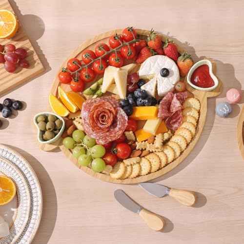 Charcuterie Boards,Cute Bamboo Cheese Board,House Warming Gifts New Home,Wedding Bridal Shower Gift,Valentine Birthday Mother's Day for Women Mom,Round Meat Fruit Serving Tray Platter