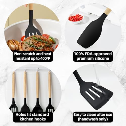 12-Piece Silicone Kitchen Utensils Set with Wooden Handle, Non-Stick &