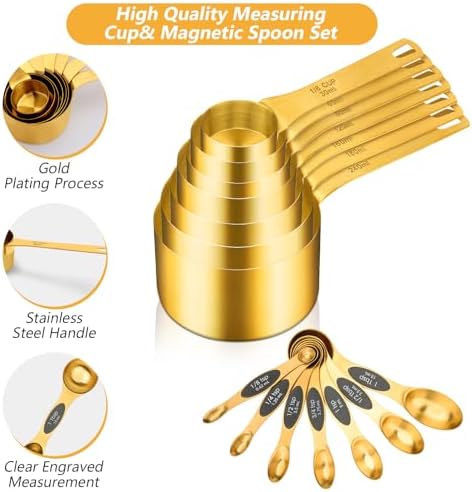 GuDoQi 15pcs Gold Magnetic Measuring Spoons and Cups Set, Stainless