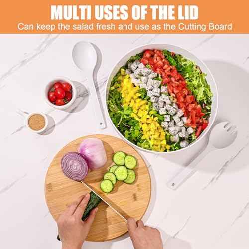 LOVYANXUE Salad Bowl with Lid, 12" Extra Large Bamboo Fiber Salad Bowl with Servers Set for Kitchen, Nature Bamboo Mixing and Serving Bowl with Lid, Spoon and Fork for Fruits,Salads and Vegetables
