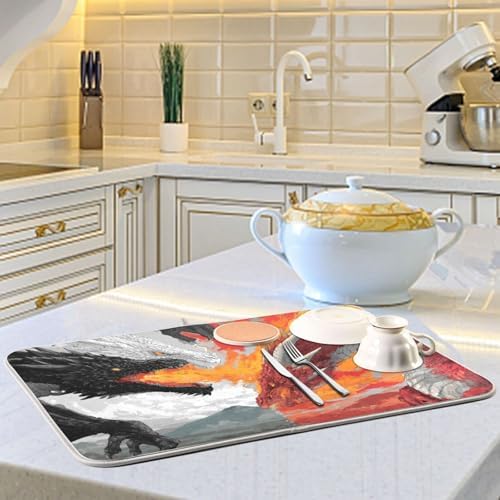 OTVEE Fire Dragon Ice Dragon Art Dish Drying Mat for Kitchen Counter