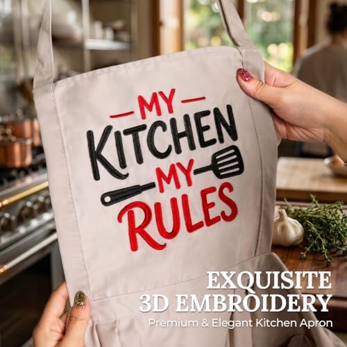Elife Kitchen Apron, 3D Embroidered Cooking Apron with Pockets for