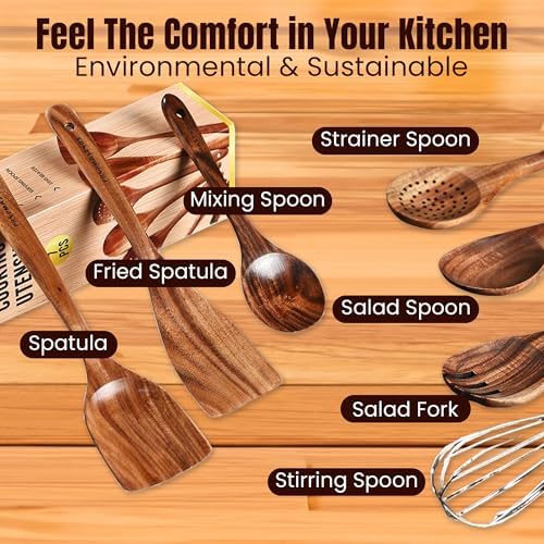 7 Pcs Natural Teak Wooden Spoons for Cooking, Kitchen Utensil Set