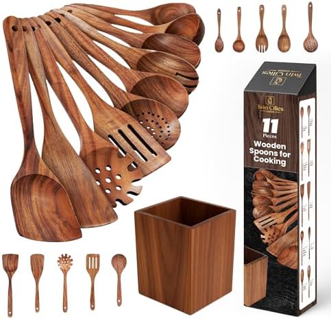 11-Piece Teak Wooden Utensil Set with Holder