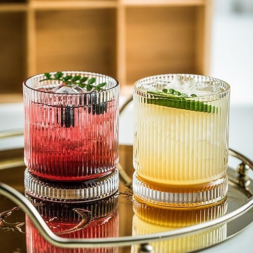 KEMORELA Ribbed Glass Cups Set, 13oz Vintage Drinking Glassware Set of