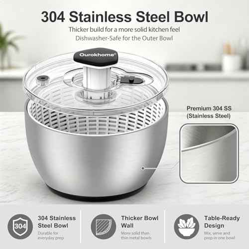 Ourokhome 6.3 QT Stainless Steel Salad Spinner, Large Lettuce Spinner with One-Hand Press Pump, Brake Button, Non-Slip Base and Retractable Handle, Vegetable Washer & Dryer for Greens, Fruits and Herb