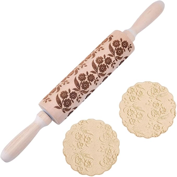 Embossed Wooden Rolling Pin Flower Leaves Print 35cm Rolling Pin by DELORIGIN